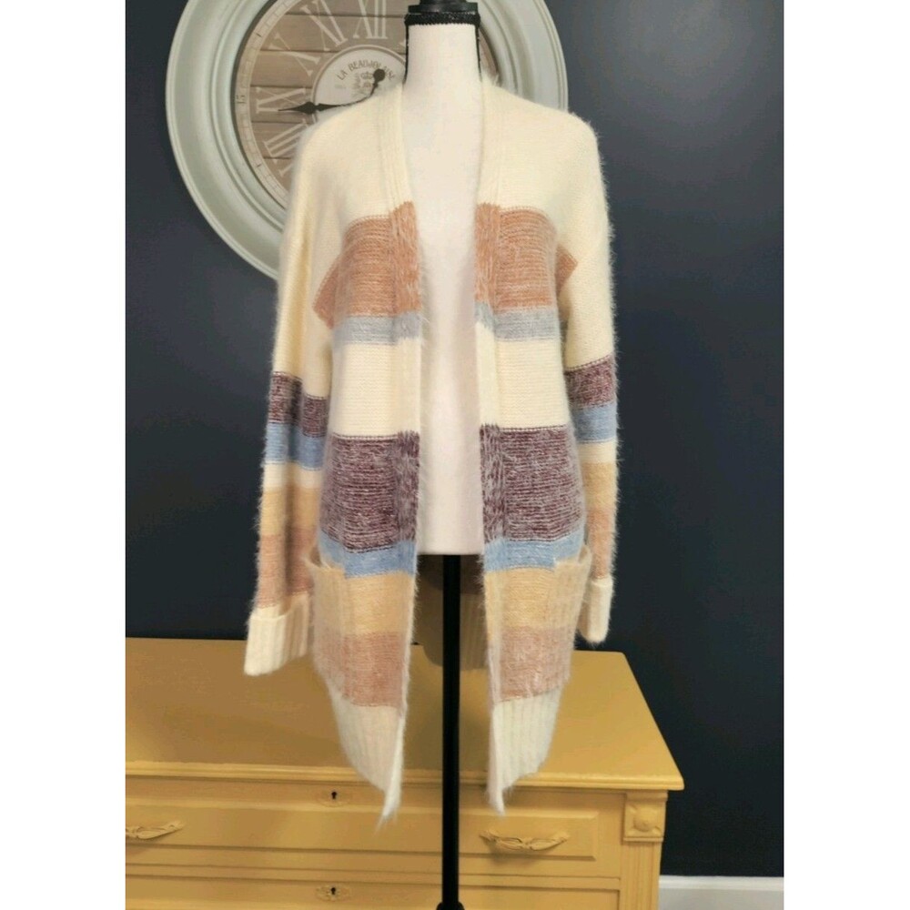 Becool Knit Cardigan Womens M/L Striped Long Sleeve Open Front Pockets Soft NWT